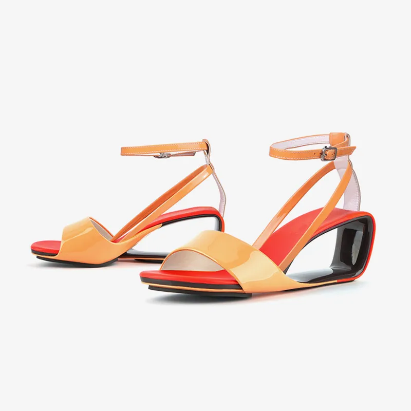 2023 Orange Red Leather Summer Sandals Chic Fashion Ankle Strap Beach Slippers Black Fretwork High Heels Sandalias Femininos