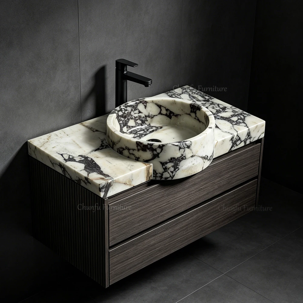 Lavabo de baño de lujo de mármol Calacatta Viola, mueble colgante de pared con encimera de mármol a juego