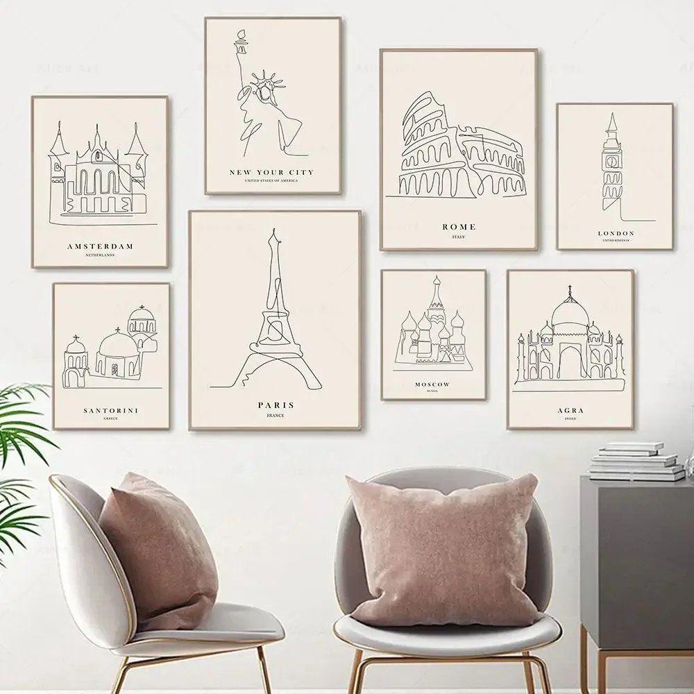 （2D Canvas painting） Abstract City Line Drawing Wall Art Print Canvas Painting New York Rome Moscow Travel Poster Pictures Fo
