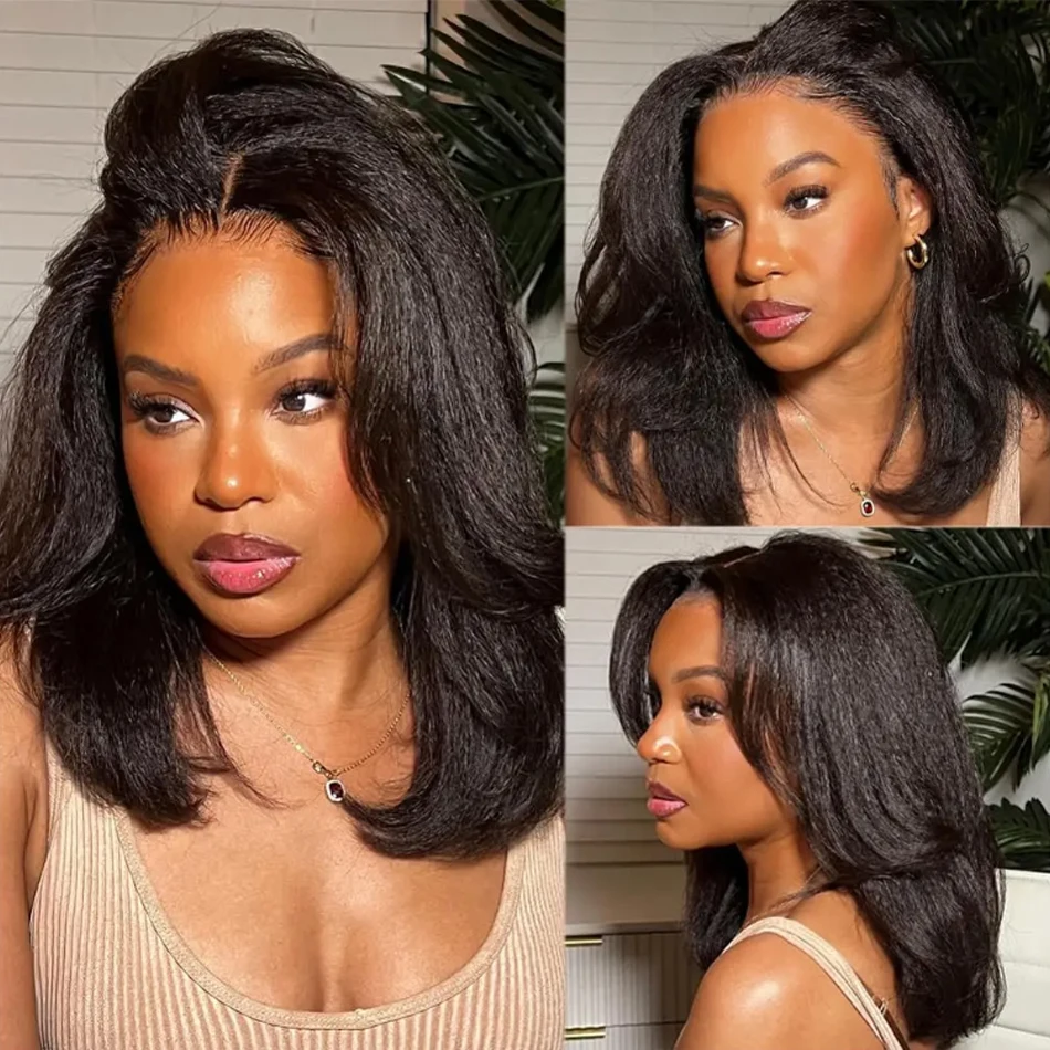 Peruvian Glueless 13x4 Kinky Yaki Straight Short Bob Wig Lace Frontal Human Hair Wig With Baby Hair For Black Women Straight Bob image 2