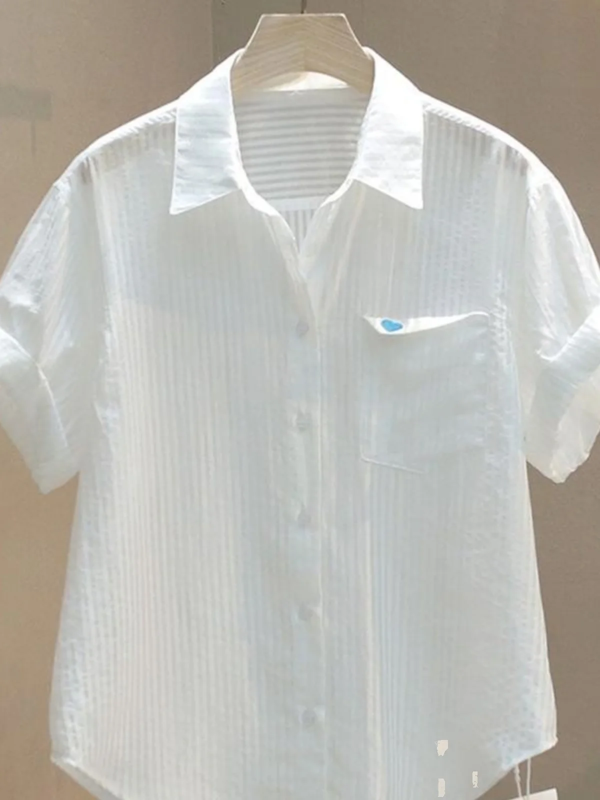 embroidered-heart-single-pocket-design-vertical-stripes-thin-short-sleeve-casual-women's-shirt-summer-2024-ear-cover-top