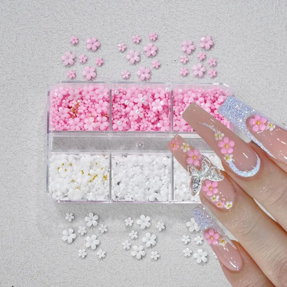 1Box 3D Pink/White Acrylic Flower Nail Charms with Gold&Silver Steel Beads Nail Art Decorations DIY Crafts Manicure Accessories