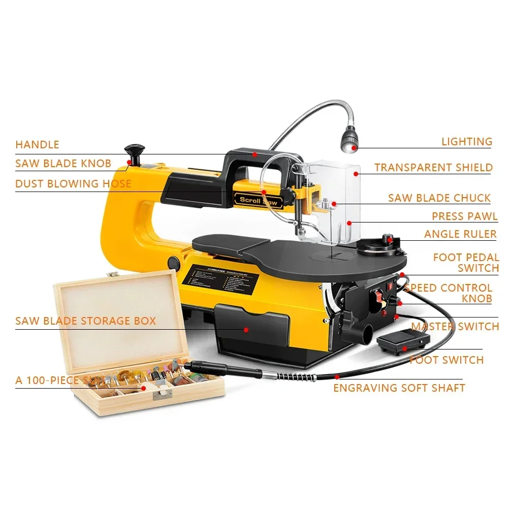 Power Tools Scroll Saw 16In Electric Jig Saw Table Bench Engraving Machine Speed Adjustable Cutter with Work Light