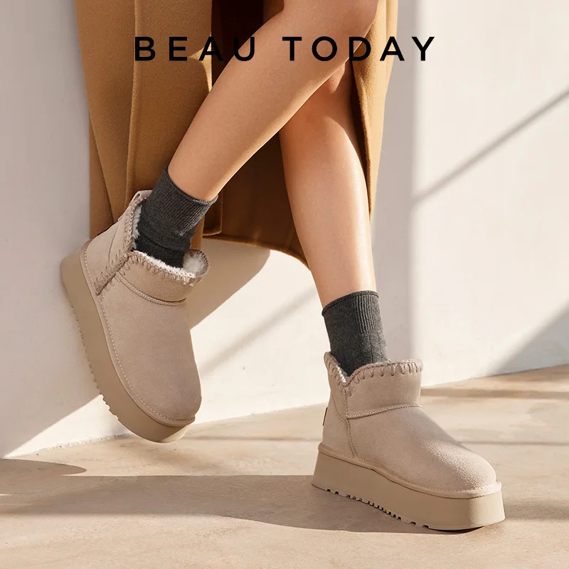 BEAUTODAY Thermal Snow Boots Women Cow Suede Low Ankle Sewing Design Thickened Fluff Ladies Platform Shoes Handmade 08072