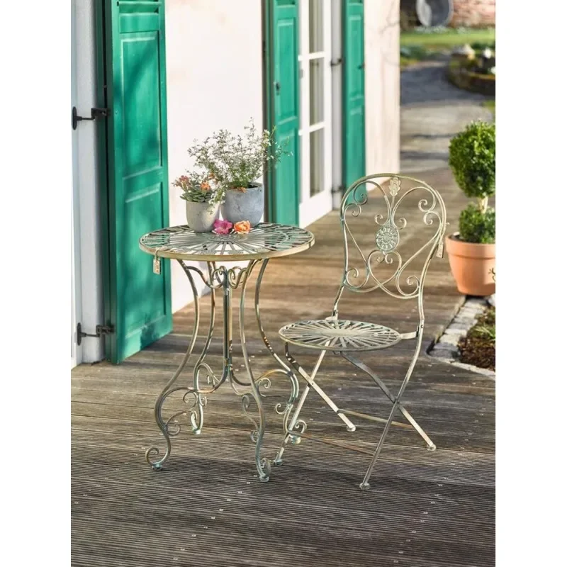 

Vintage pastoral green French garden tables and chairs patio balcony terrace folding wrought iron chair leisure outdoor round ta