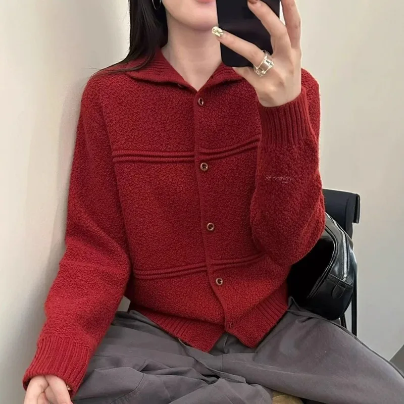 loose laid-back slimming knitted cardigan sweater solid color versatile sweater women's charm autumn winter new stand-up collar