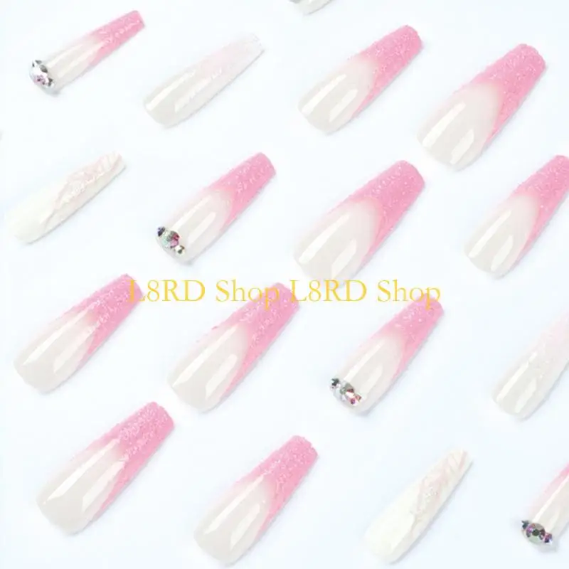 l8rd 24ピースフレンチチップネイルロングプレスオンネイルラインストーンデザインネイルグロー