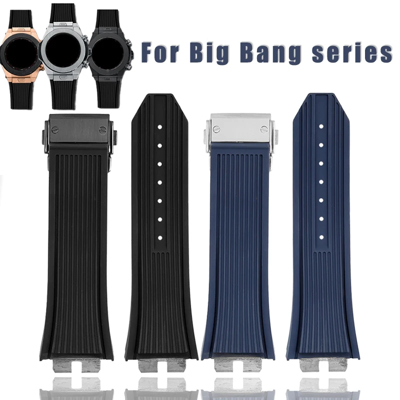 

Fluororubber watch strap For HUBLOT Big Bang SANG BLEU 415 414 Plug-in quick change pin black blue streak soft 28*18mm watchband