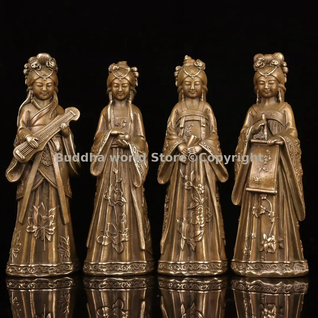 4P TOP collection Asia Chinese Cultural Heritage Art old Literary demeanor QIN QI SHU HUA Vintage bronze Ancient girl ornament