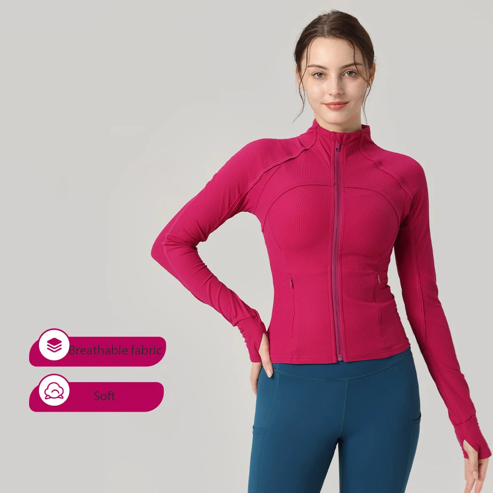 

Fitted Ribbed Athletic Outerwear with Stand Collar, Stylish and Trendy Yoga Coat-Short Zip-Up Yoga Jacket for Women