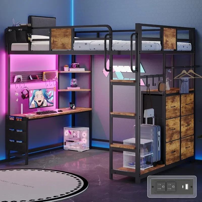 Dnxao Twin Loft Bed with Desk, Twin Bed Frame with 6 Storage Drawers, 2 Bedside Organizer,3 Movable Hooks,LED Lights