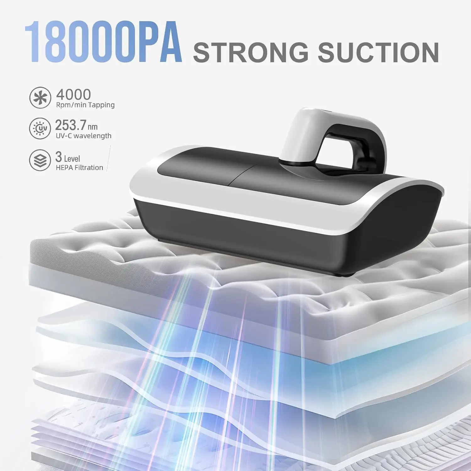 Aspirapolvere da letto con potenza di aspirazione Super UV 18000pa, filtro HEPA 253.7nm UV-C luce e 30000 RPM/Min Brushroll