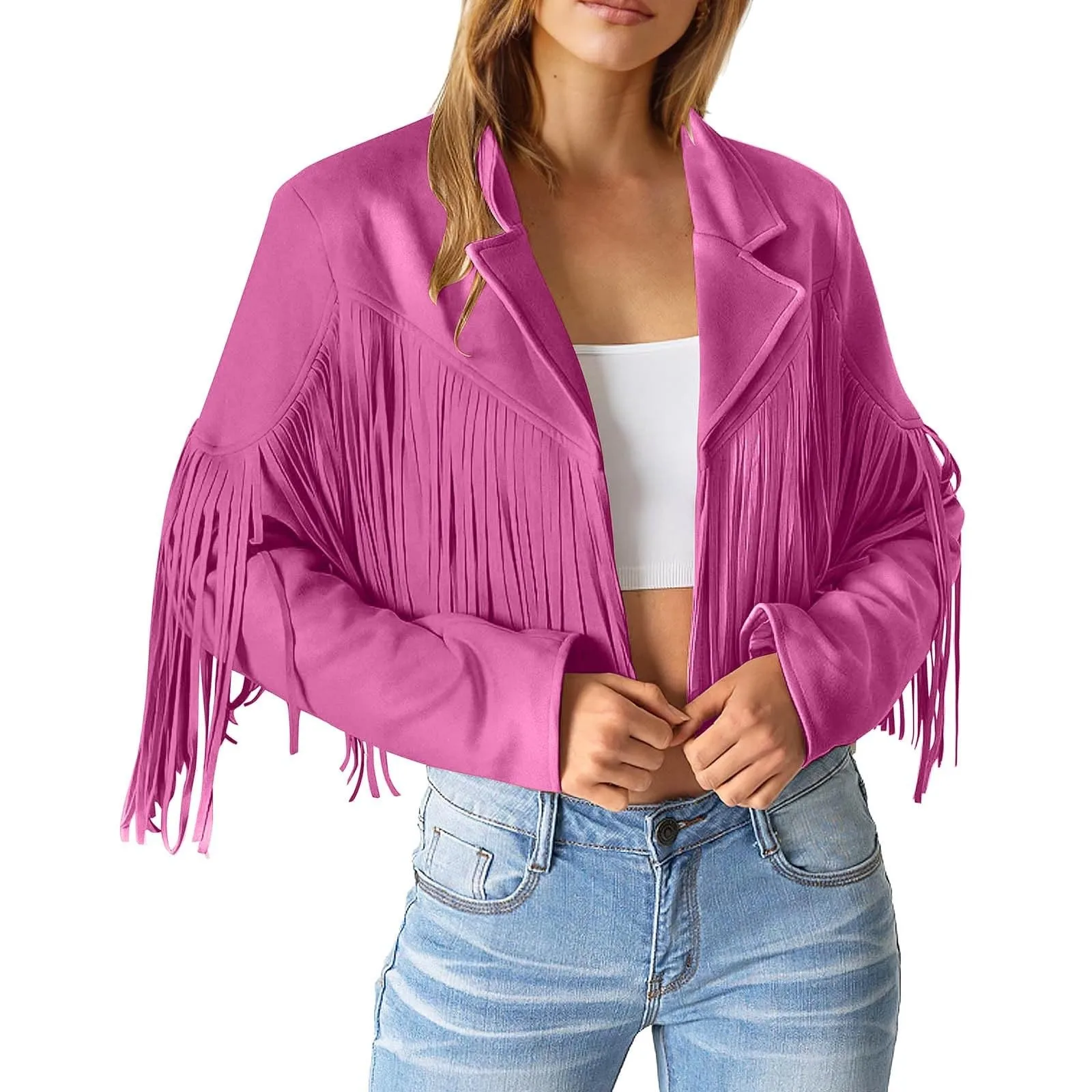 Women Faux Suede Leather Tassel Jackets - Vintage Lapel Open Front Cowboy Style Long Sleeve Tassels Cardigan Coat Tops 2024