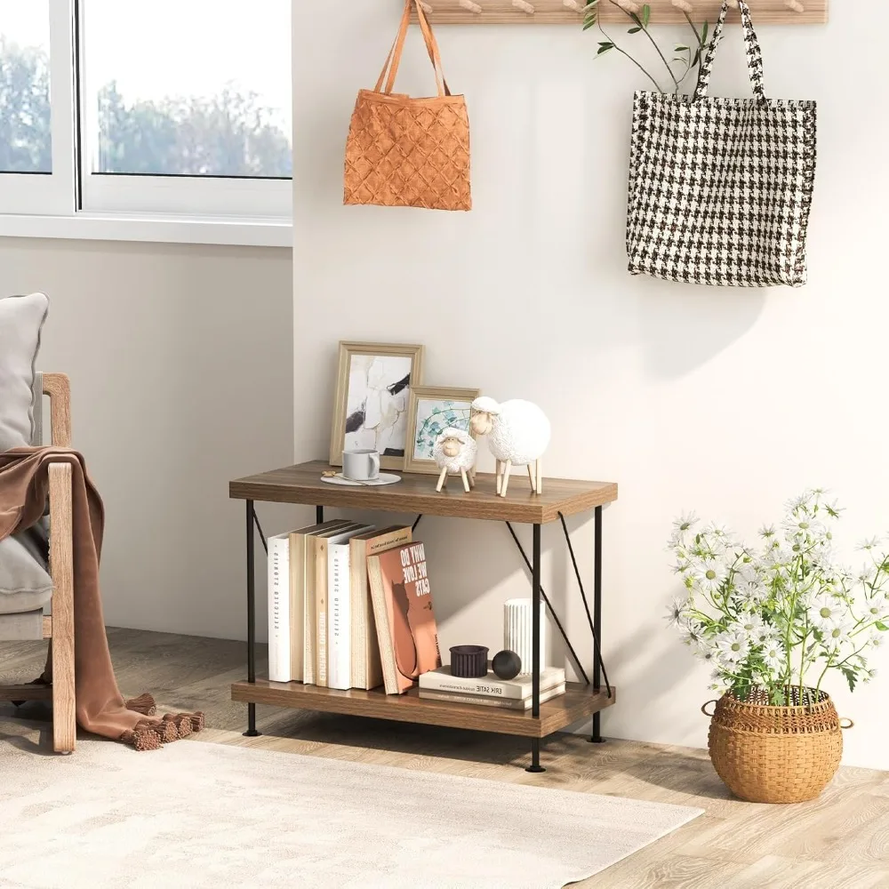 2-Tier Open-Back Bookshelf of 2, Freestanding Display Rack, Metal Frame Storage Shelves, Industrial Style Bookcase, Home