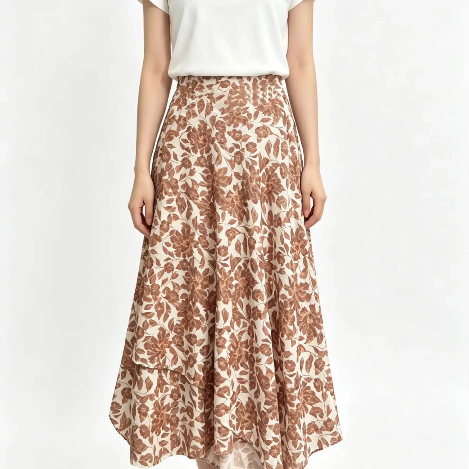 

High-end vintage printed half-length skirt new irregular draped elegant long skirt