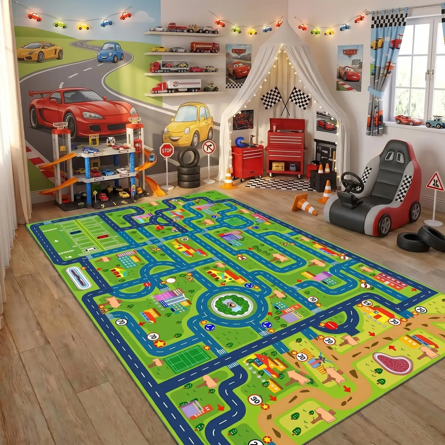 Colorful Car Road Map Area Rug, Soft Low-Pile Non-Slip Floor Mat, Kids Play Carpet for Playroom Bedroom Boys Room Nursery