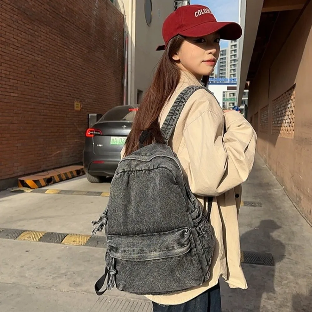 Casual Vintage Denim Backpack Solid Color Street Style Canvas Backpack Large Capacity School Bag for Men and Women