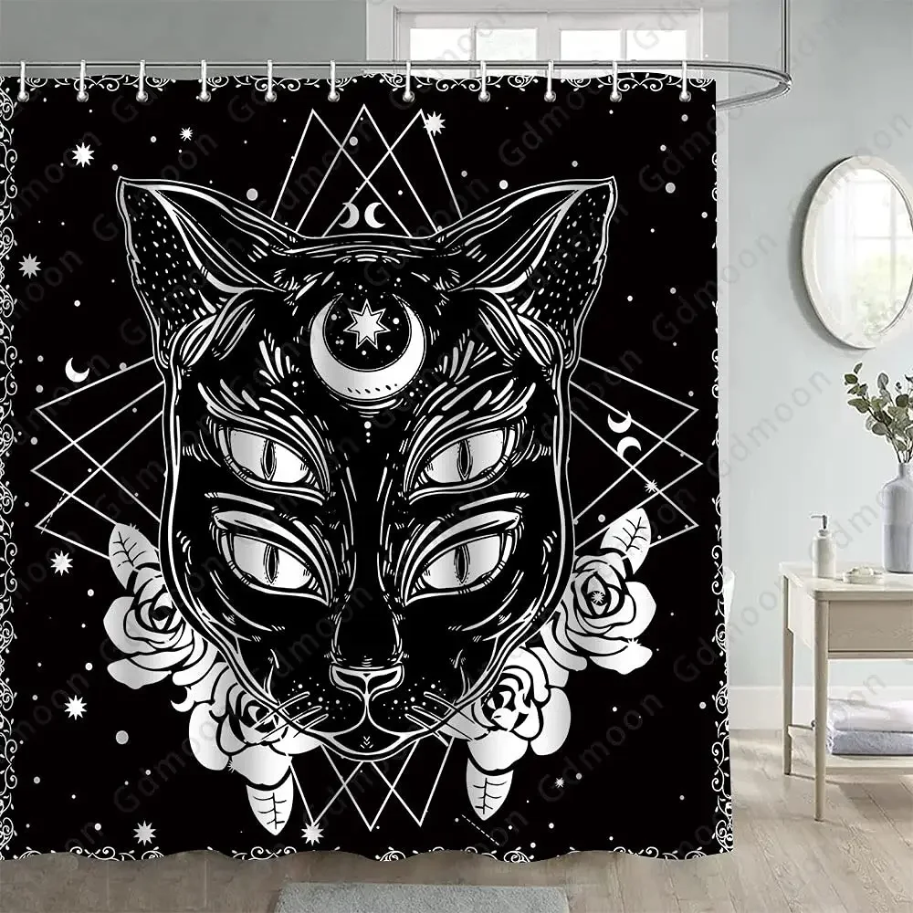 Egyptian Cat Shower Curtain Ancient Black Cat Animal Mystic Wizard Divination Astrolabe Moon Starry Sky Tarot Bathroom Curtains