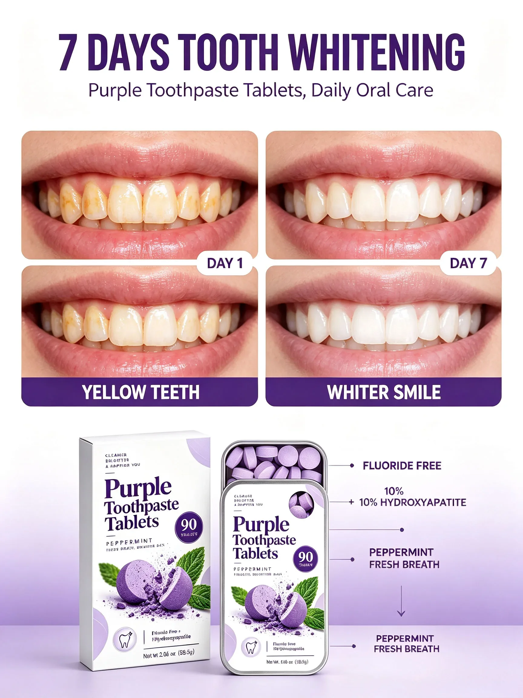 Purple Chewable Toothpaste Tablets, 10% Hydroxyapatite Fluoride Free, Peppermint Fresh Breath Portable Oral Care 90 Tablets