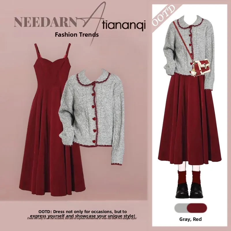 

Faionable Knitted Loose Women's Two-Piece Set Autumn Season Korean Sle Casual Off-oulder Dr And Sweater Ensemble