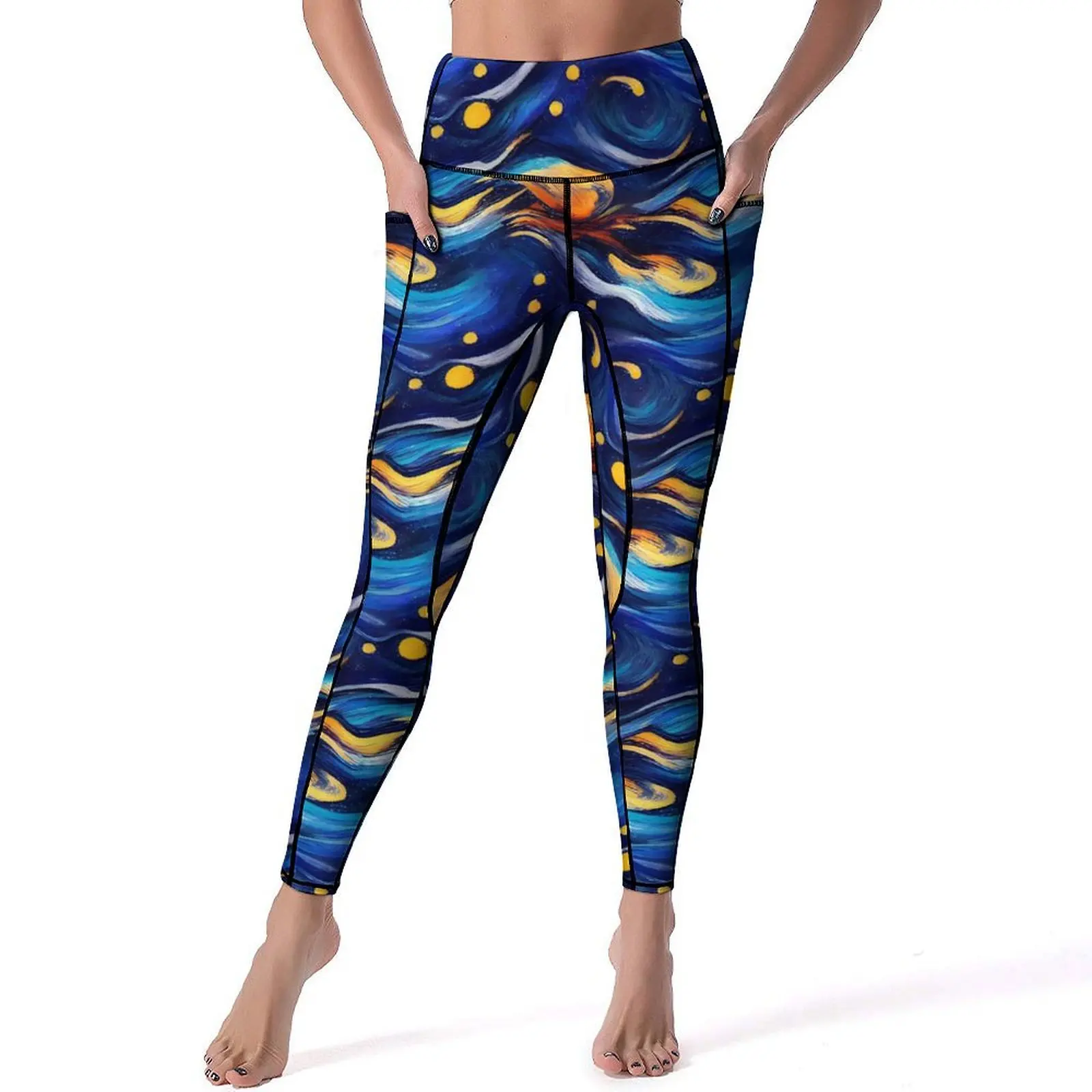 

Blue Starry Night Leggings Sexy Funny Famous Painting High Waist Yoga Pants Elastic Leggins Lady Design Running Sports Tights