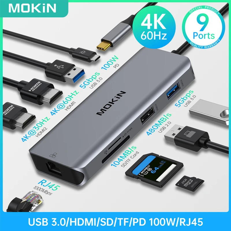 MOKiN 9 in 1 USB C Laptop Docking Station Triple Display Multiport Adapter Type C Hub with HDMI 100WPD for Lenovo/Surface Laptop