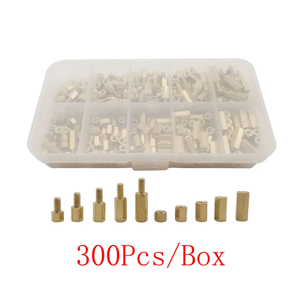 300Pcs/Box M3 Brass Hex Standoffs Spacers Male Female PCB Motherboard Spacer Assortment Kit Spacer Bolt Spacing Standoff Pillar
