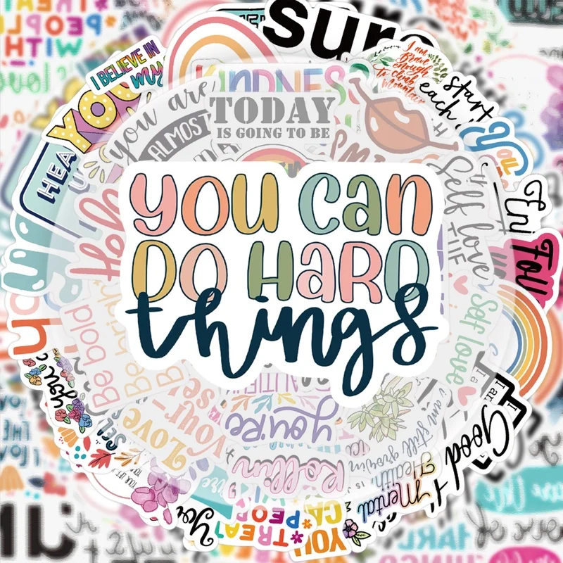 52 Inspirational English Stickers, Vibrant Sticker Decals Suitable for Water Bottles, Laptops, Phone Cases, Suitcases, Skateboards, Guitars, Gift Boxes, and Party Decorations