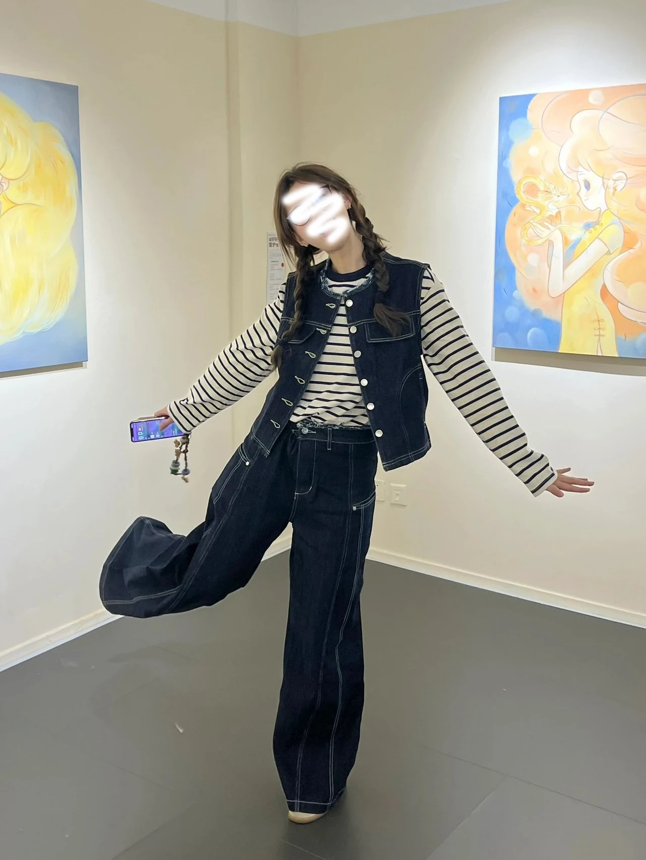 

Women's Denim Vest Top And Wide Leg Pants Tee Piece Set Spring Autumn Korean Sle Vintage Striped T irt Layering Outfit