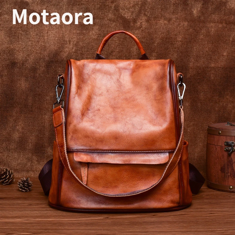 MOTAORA Vintage Large Capacity Women\'s Backpacks Anti Theft Genuine Leather Backpack Cowhide Woman Travel Luxury Bagpack Women