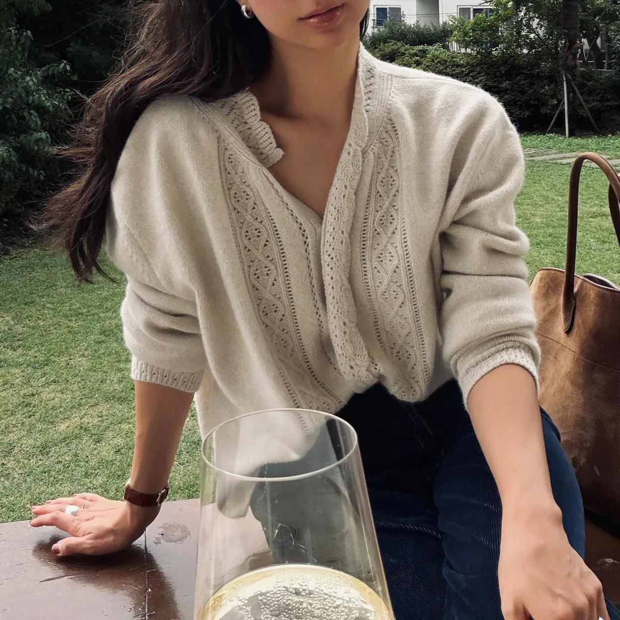 Ropa Mujer French V Neck Cable Knit Sweater Women Grey Soft Slim Fit Pullover Jumper Elegant Office Daily Knitwear