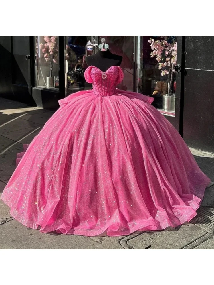 Watermelon Red Quinceanera Dresses Shiny Beads Crystal Bow Princess Birthday Party Dresses Off Shoulder Ball Gown Vestido De 15