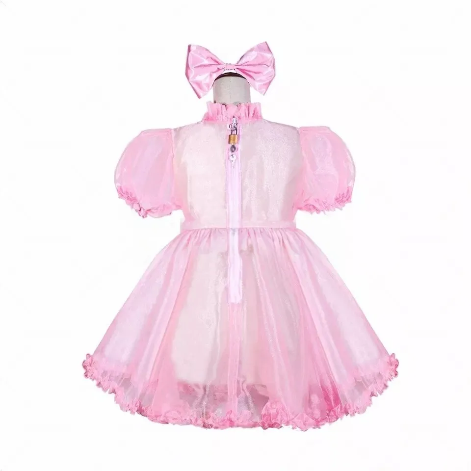 Sexy sissy bebé niña con cerradura satén rosa transparente falda de encaje dobladillo vestido de sirvienta cosplay fiesta de Halloween personalizado
