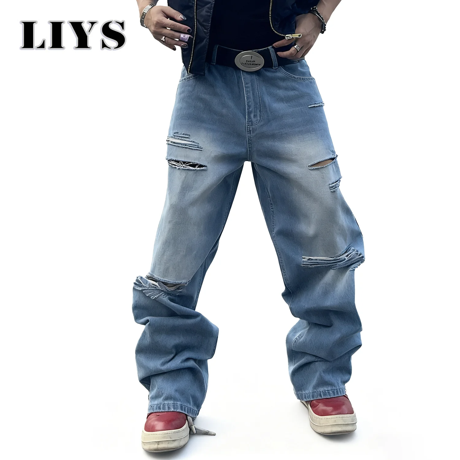 

Men's Blue Loose Ripped Jeans Daily Retro Wide Leg Straight Leg Casual Denim Pants Male Street Ripped Fashion Baggy Jeans Man ﻿