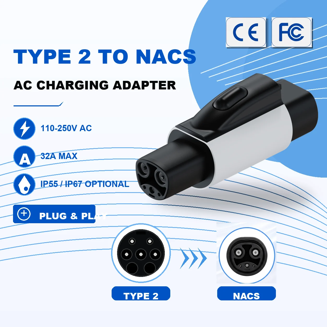 AC-OZT2 Type 2-NACS NEW AC Charging Adapter 32A EV Charging Connector Factory Direct Sales Car Charger Adapter