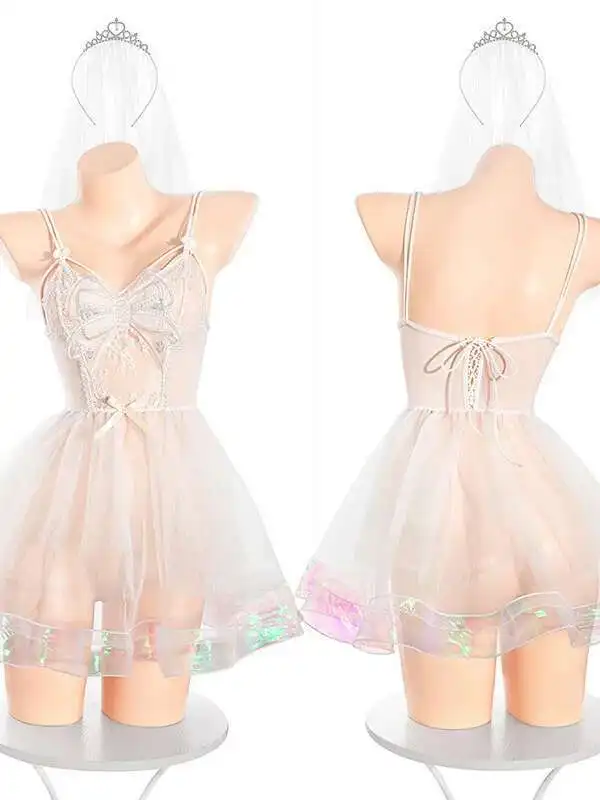 코스프레 신부 화이트 메쉬 레이스 미니 드레스 순수한 욕망 꽃 결혼 깎아 지른 섹시한 탱크 미니 드레스 우아한 탑 L00P