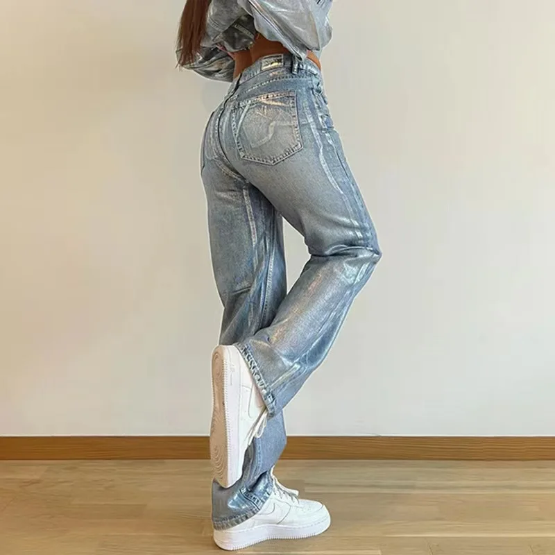 Custom Made Blue And Silver Washed High Waisted Straight Jeans For Women