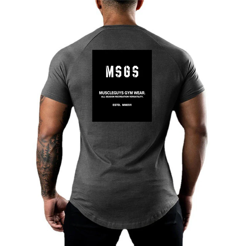 Men Raglan Sleeve Cotton T-Shirt Breathable Gym Workout Tee Slim Fit Running Basketball Training Elastic Absorb Sweat Sports Top