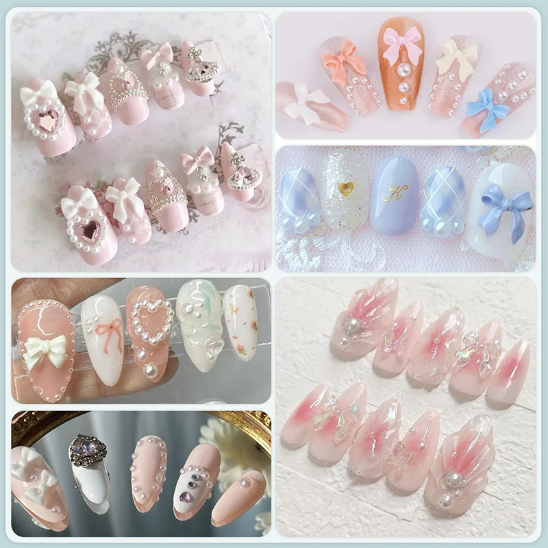 600 قطعة من دلايات قوس الأظافر ثلاثية الأبعاد واللؤلؤ المسطح للأظافر، عقدة على شكل فيونكة ملونة من الراتنج لفن الأظافر، مع ملاقط قلم الأظافر #5