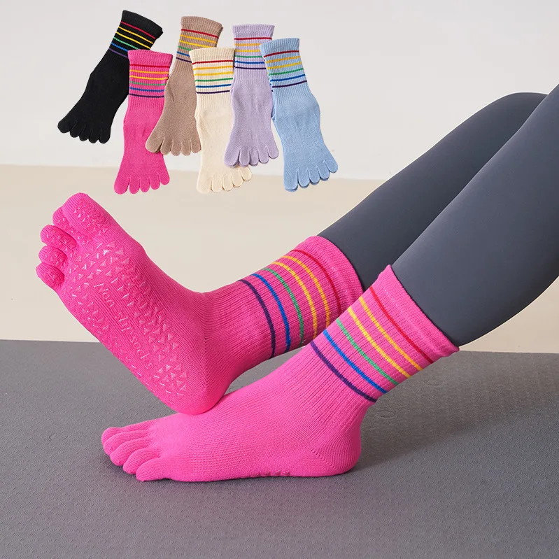 

3 Pairs Yoga Pilates Socks Women Non-slip Five Finger Socks with Grip High Quality Cotton Toe Socks Anti-slip Striped