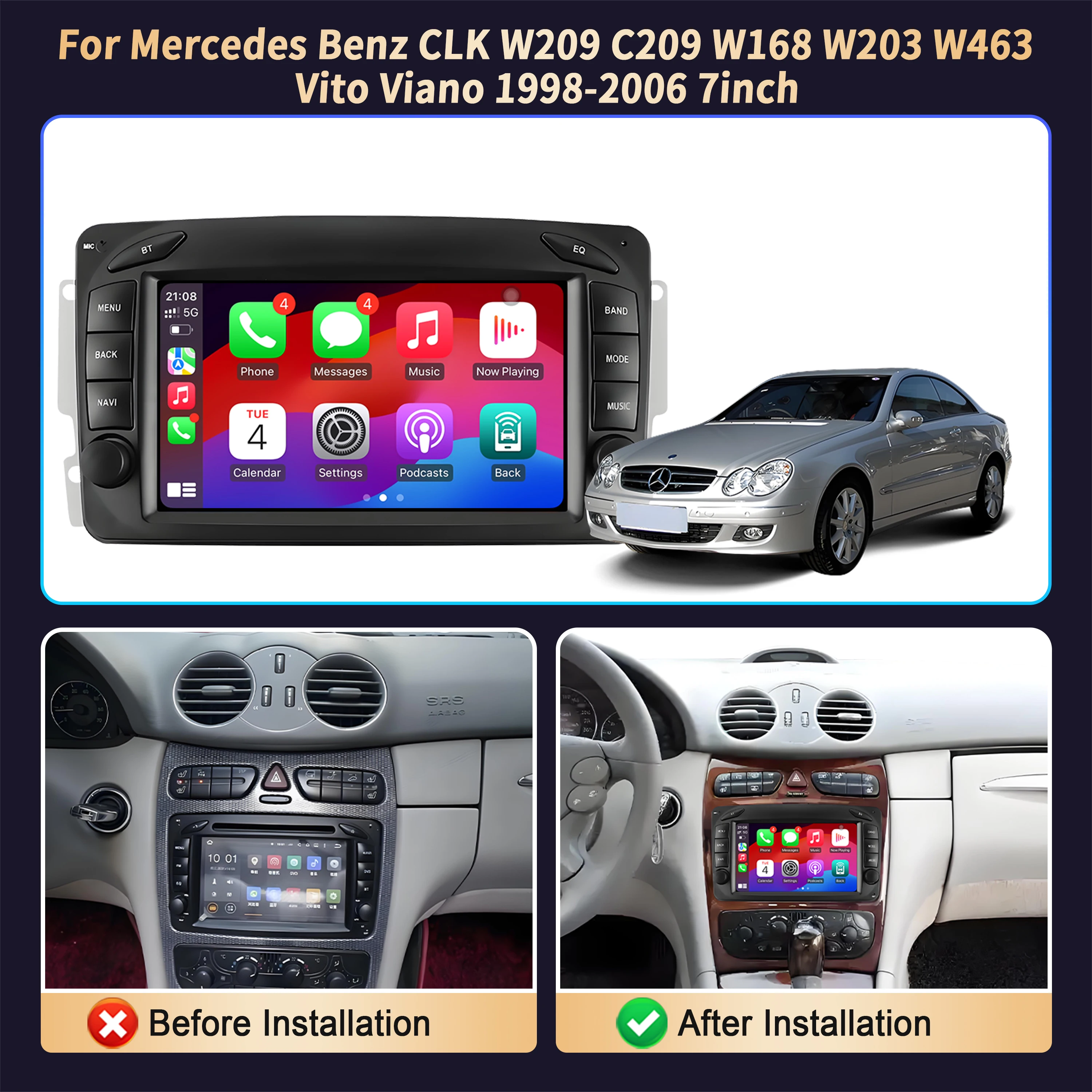 7 inch Car Radio For Mercedes Benz CLK W209 C209 W168 W203 W463 Vito Viano 1998 1999 2000-2006 Multimedia CarPlay Touch Screen