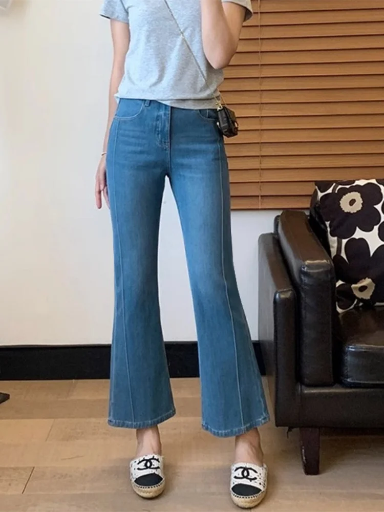 

plus Size Blue Bell Bottom Jeans Women's Spring New Style Pear Shape Slim Small Size Flared Pants High Waist Denim Casual Wear