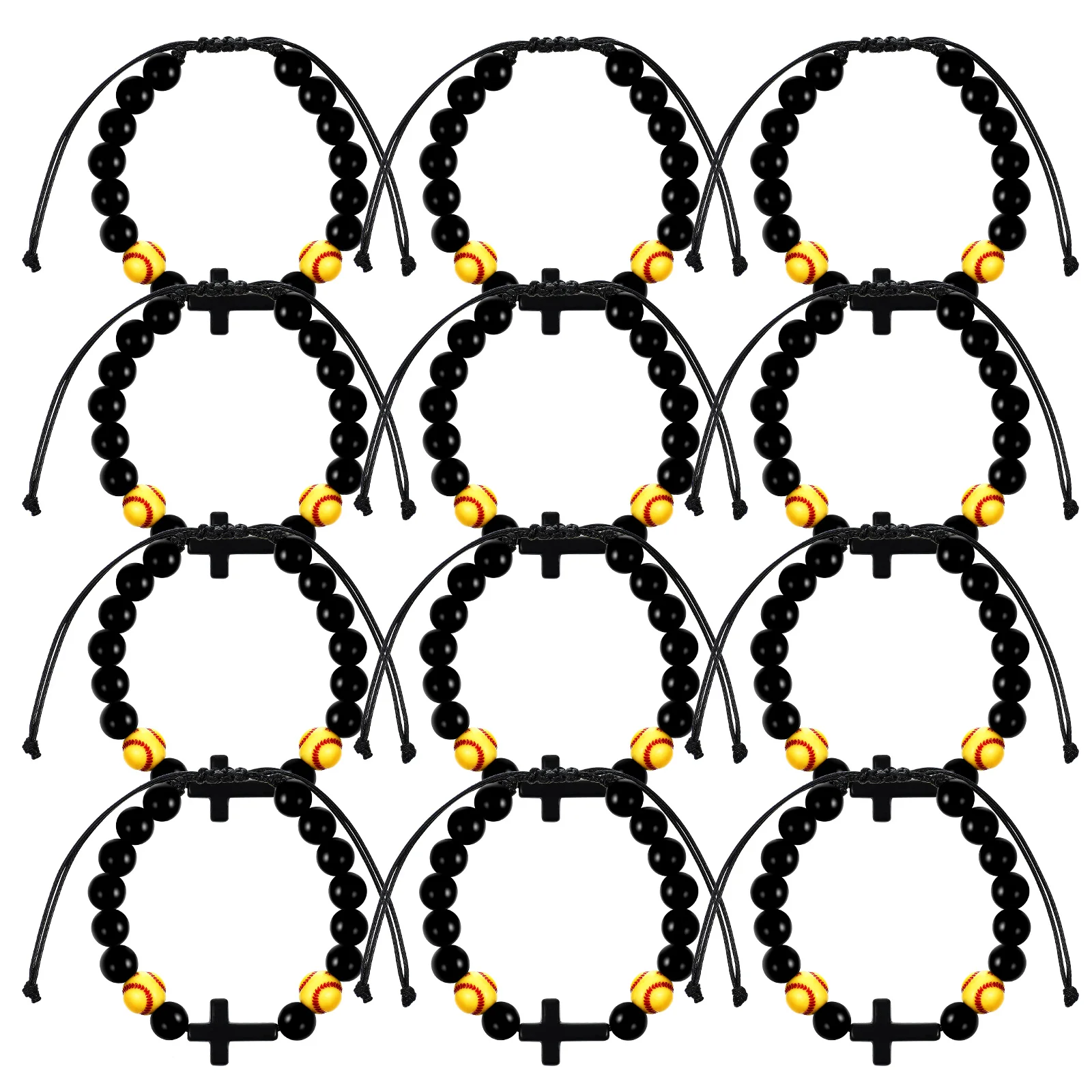 

12Pcs Softball Bracelets Beaded Ball Charm Adjustable Wrist Jewelry Black Sports Accessories Fits Most Wrists Dad Gift