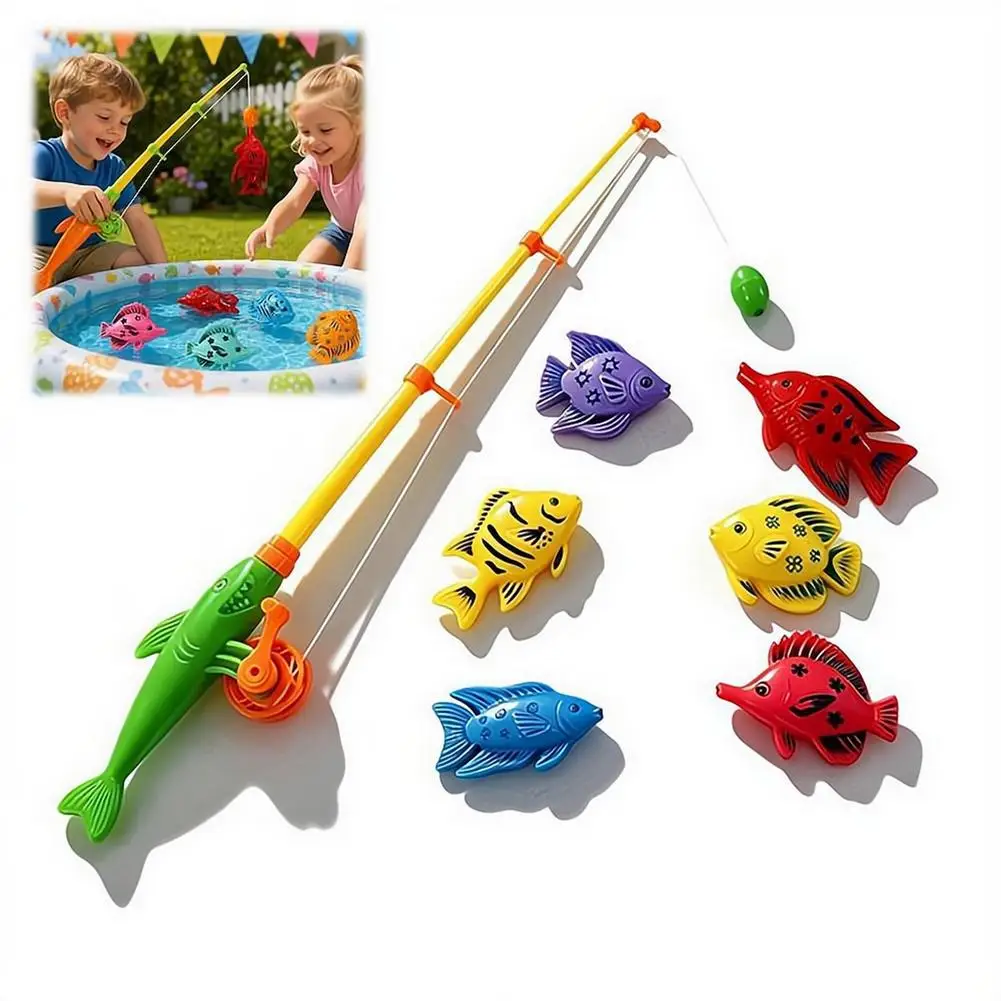 Kids Magnetic Fishing Game Toy Set Retractable Fishing Rod Floating Plastic Fish Bath Pool Water Play Toy For Toddlers Hand Eye