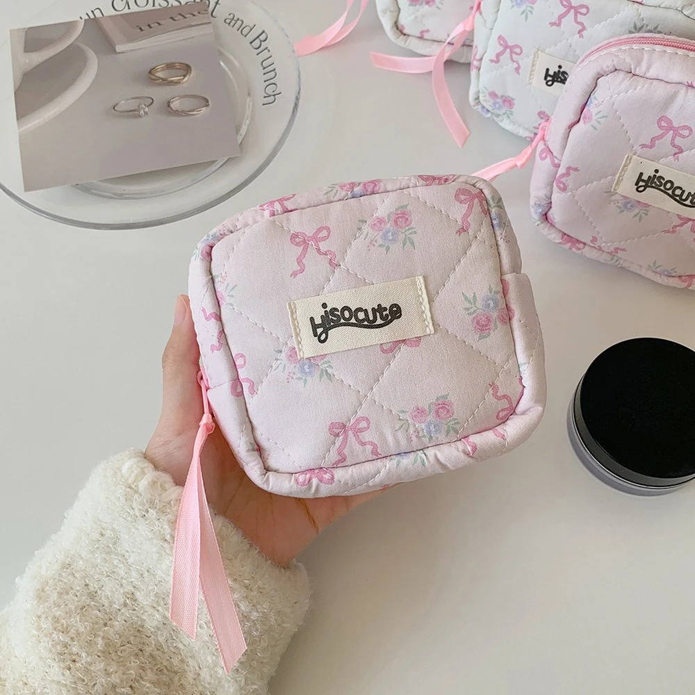 Ins Sweet Bow Sanitary Pad Bag Girls Sanitary Napkin Pouch Small Makeup Bag Earphone Data Cable Organizer Coin Purse Card Wallet