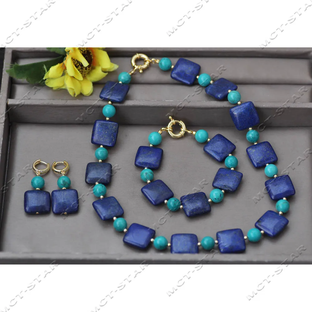 MTC·STAR Set Blue Square Coin Lapis Lazuli Round Turquoise Necklace Bracelet Earring Custom Jewelry(Z13909 )
