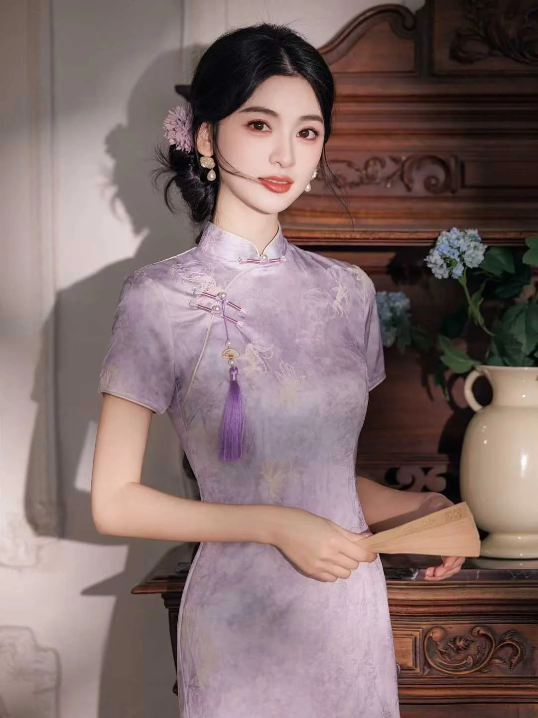 

Purple Young Sle Long Qipao Women's New Chinese Version Beautiful Daily Wear Comfortable Breathable ort Sve Midi Dr