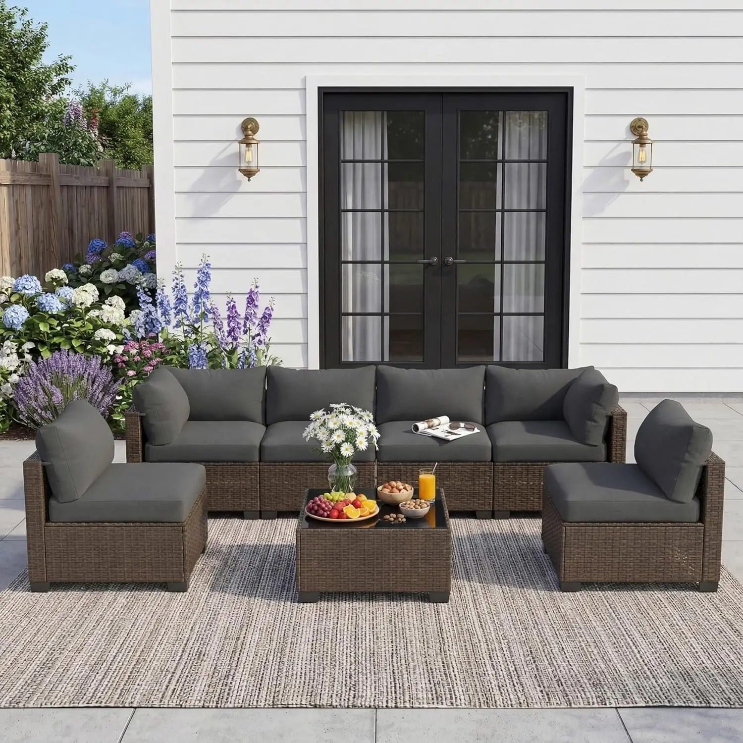 

7 Piece Outdoor Sectional Sofa Set With Coffee Table Thick Cushions Wicker Conversation Backyard Poolside Garden Customized