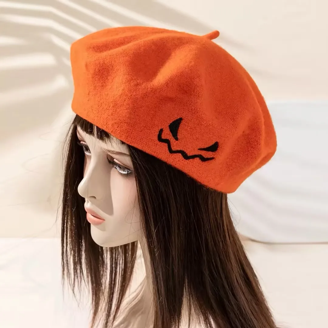 Halloween Knitted Baby Beret Hat Cute Little Devil Embroidery Top Knob Pumpkin Hat for Boys Girl ADULT Soft Warm Toddler Cap