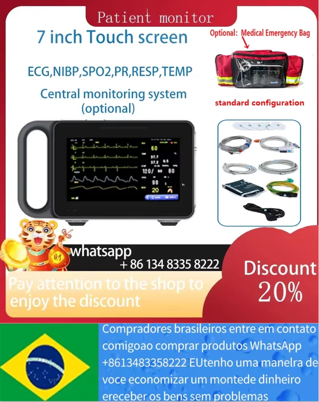 Monitor de Sinais Vitais Portátil de 7 Polegadas com Tela Sensível ao Toque para Uso Humano/Veterinário, 6 Parâmetros: ECG/NIBP/PR/SPO2/RESP/TEMP